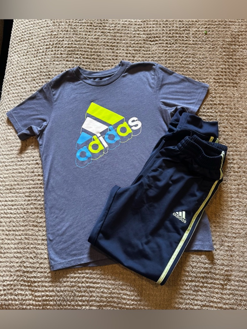 adidas Navy Tee and Track Pants with Neon Yellow & Light Blue Logos